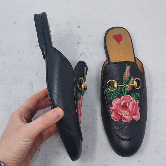 Gucci Black Horsebit Rose Floral Embroidery Princetown Slide Mule - Picture 7 of 12